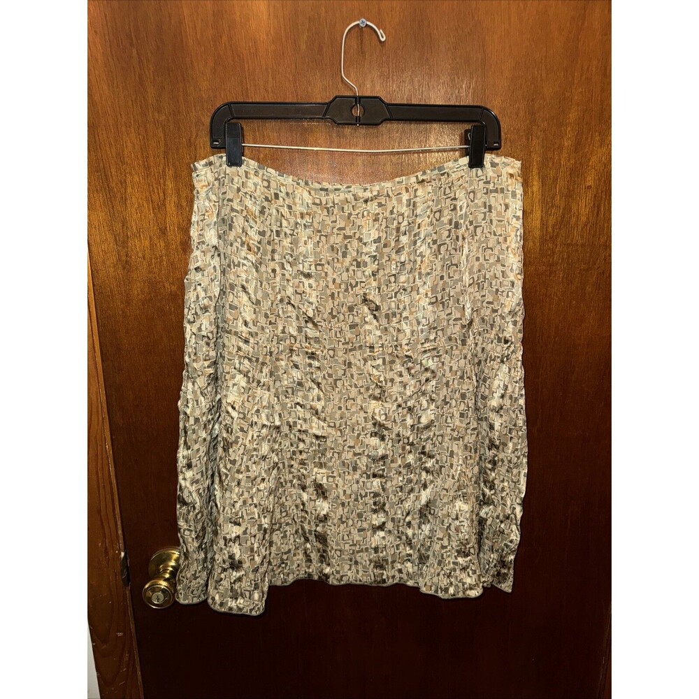 VTG Talbots Petites Womens Green Brown Geometric Midi Skirt Size 16 100% Silk